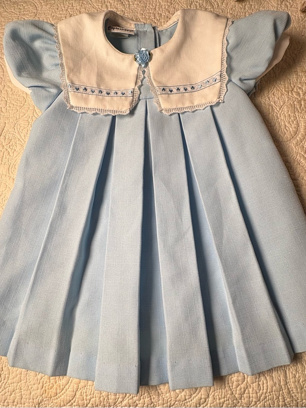 Vintage Elegant Light Blue Pleated Kids Dress with White Collar